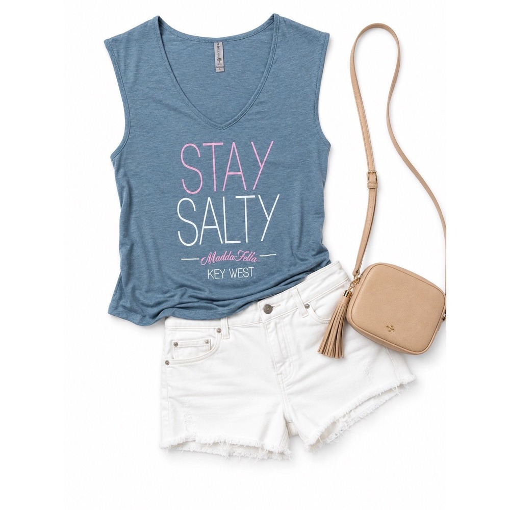 Stay Salty Key West Madda Fella Blue Muscle Tank Top Coastal Beachy Boho S